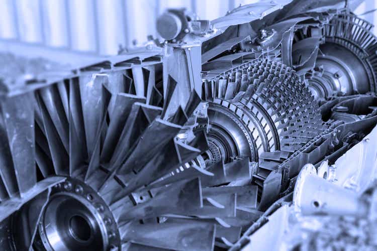Oblique view of jet engine cross section with a blue tint
