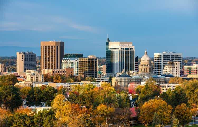 Autumn trees and the skyline of Boise Idaho
