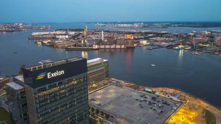 Aerial View of Exelon building with parking lot and Baltimore Harbor behind it in the United States