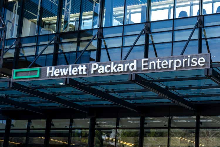Hewlett Packard Enterprise office building in Houston, Texas, USA.