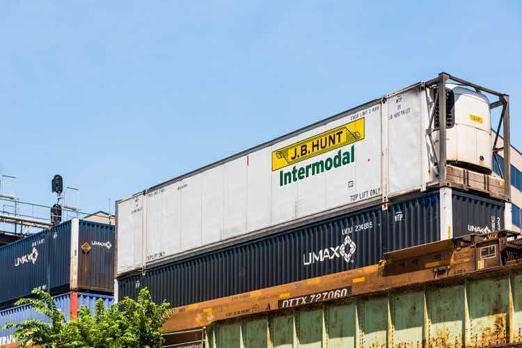 JB Hunt Intermodal cargo shipping container on train