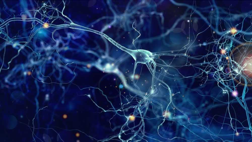 An illustration of neuron cells in abstract dark space.