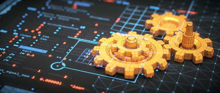 Engineering design concept with a blueprint surface, conceptual 3D gears models and glowing programming language overlay.