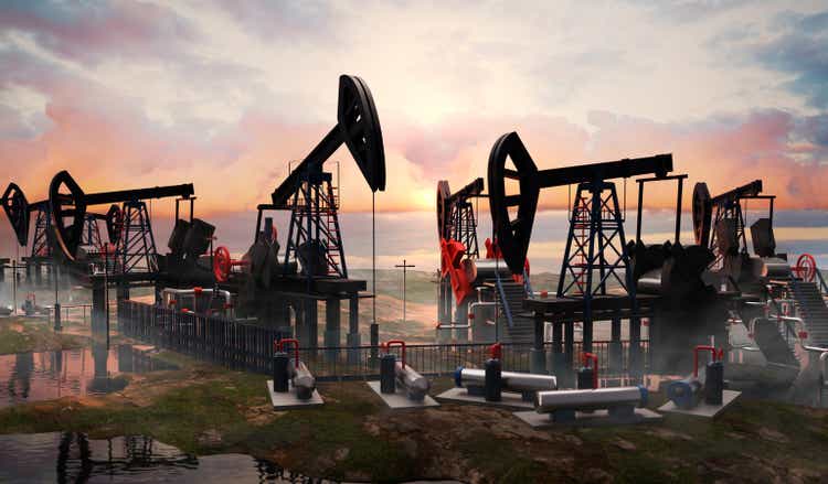 Oil pump, oil industry equipment, drilling derricks from oil field silhouette at sunset. Energy supply crisis. 3D rendering