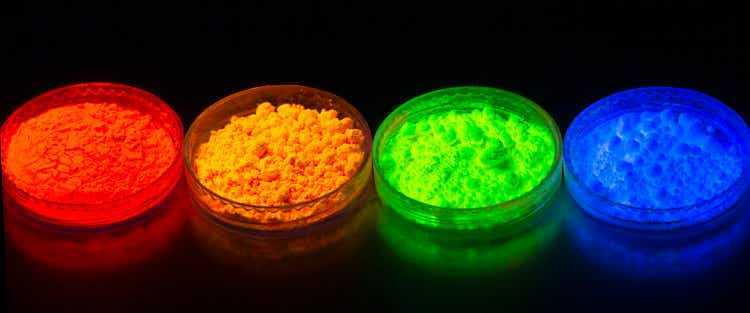 Fluorescent organic materials powder of red, yellow, green color for production OLED inside of glasses bottles in UV light.