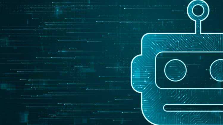 Blue digital Robot head logo and futuristic HUD technology circuit board with icon and data transfer on abstract background with Ai chatbot and machine learning technology concepts