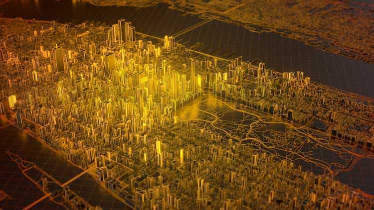 digital new york city with hot glowing edges, 3d illustration