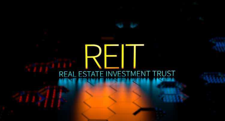 REIT Real Estate Investment Trust banner. REIT definition, neon concept, marketing, technology. 3D render