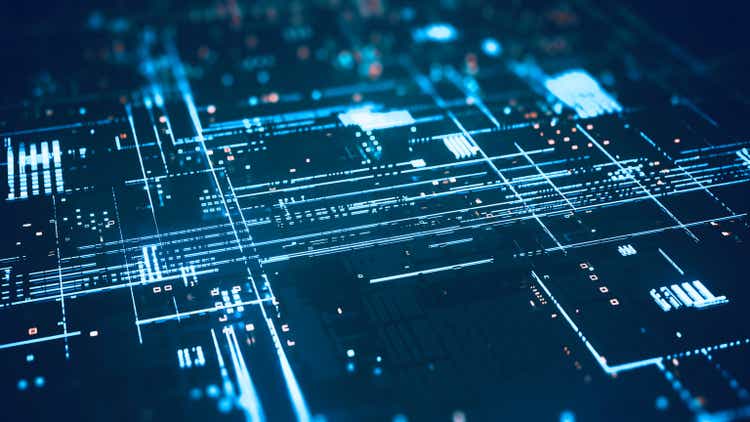 полупроводниковая схема, которая ярко светится в темном месте, 3d рендеринг