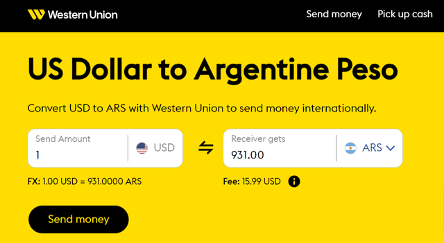 Снимок экрана, показывающий обменный курс, который Western Union применяет к доллару США/ARS.