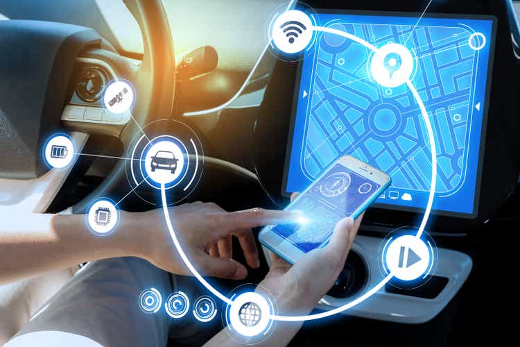 беспроводная связь между смартфоном и приборной панелью автомобиля. автономный автомобиль.
