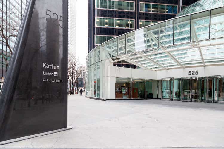 A directory sign with Katten, Linkedin and Chubb company signs on at the entrance to the office building in Chicago, Illinois, USA.
