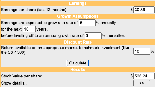 Screenshot from a DCF calculator