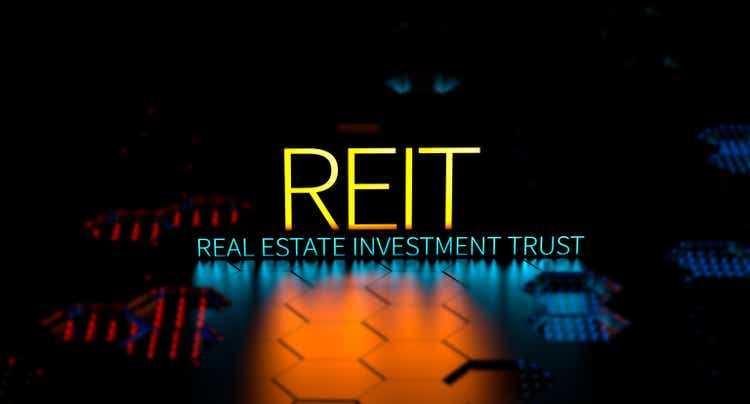 Баннер инвестиционного фонда недвижимости REIT.  Определение REIT, неоновая концепция, маркетинг, технологии.  3D рендеринг