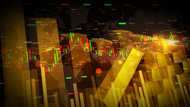 Золото с инвестициями в золото на фондовой бирже, глобальная конкуренция в области финансов и инвестиционных стратегий в золоте, абстрактный фон технологии анализа данных инвестиционной безопасности. 3D-рендеринг