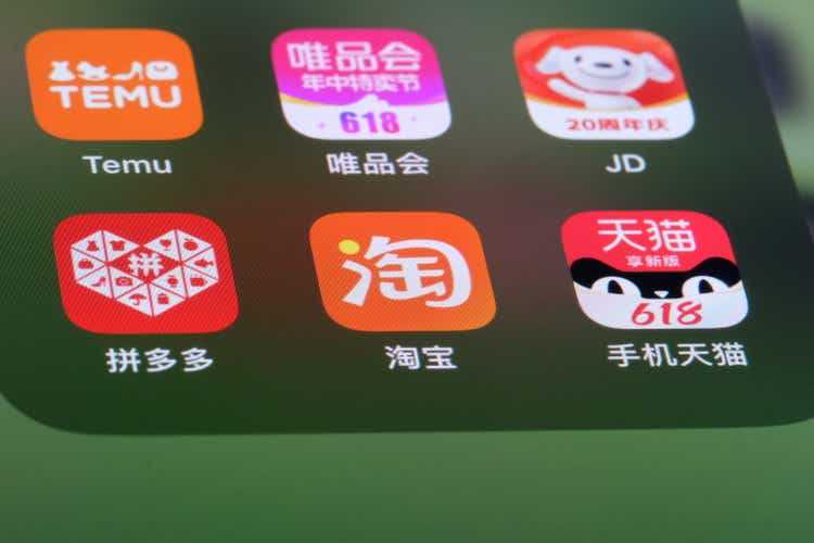 Значок приложений Pinduoduo, Taobao, Tmall, Temu, Vipshop и JD.com на экране