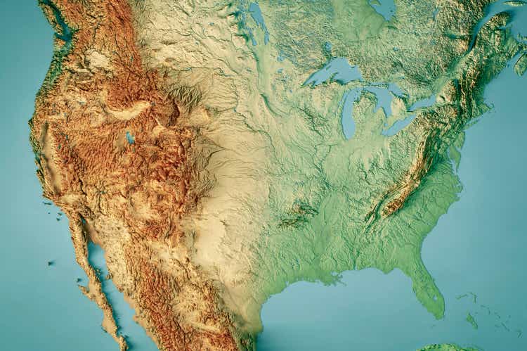 Топографическая карта США, горизонтальный 3D-рендеринг цвета