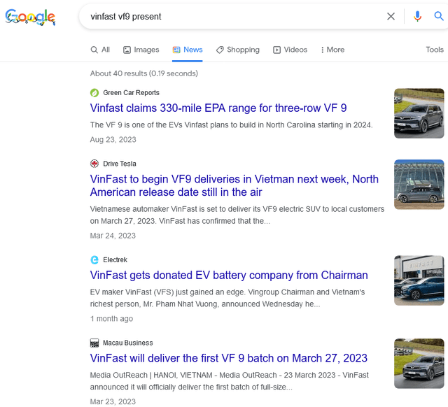 ВинФаст Авто в поиске Google