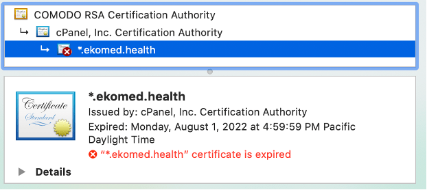 Срок действия сертификата безопасности Зентек ЭкоМед истек