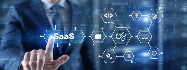Программное обеспечение SaaS как концепция услуги с текстом, нажимаемым рукой человека
