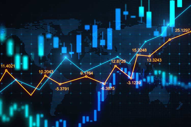 Концепция роста глобального рынка с растущими графиками цифровых торговых диаграмм, свечами и индикаторами на темном фоне с картой мира. 3D-рендеринг