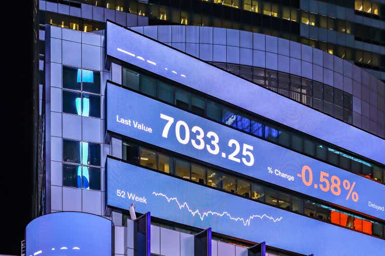 Внешний вид большого информационного графического экрана, на котором показаны значения фондового рынка.