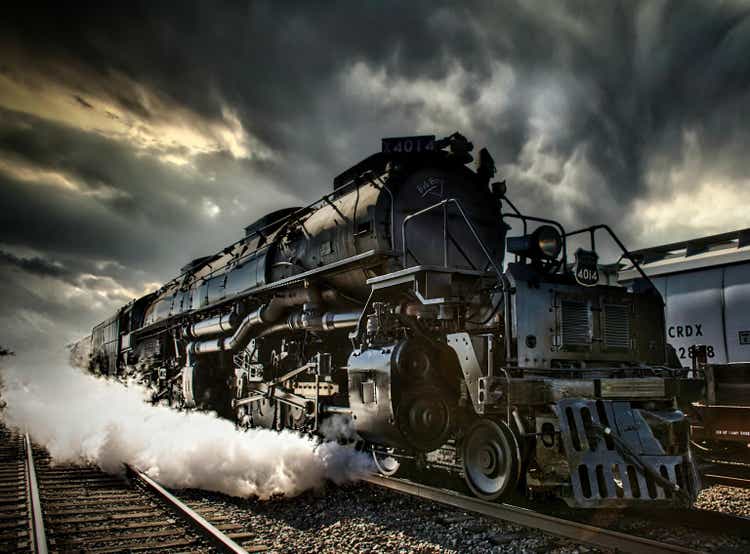 Union Pacific Big Boy Steam Locomotive No. 4014 under a dramatic cloudy sky